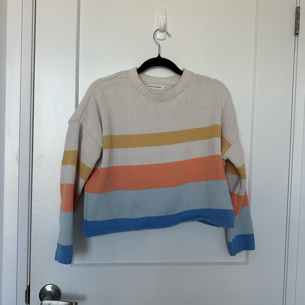 Moon & Madison - XS Striped Rainbow Sweater in Cream, Orange, Yellow, and Blue